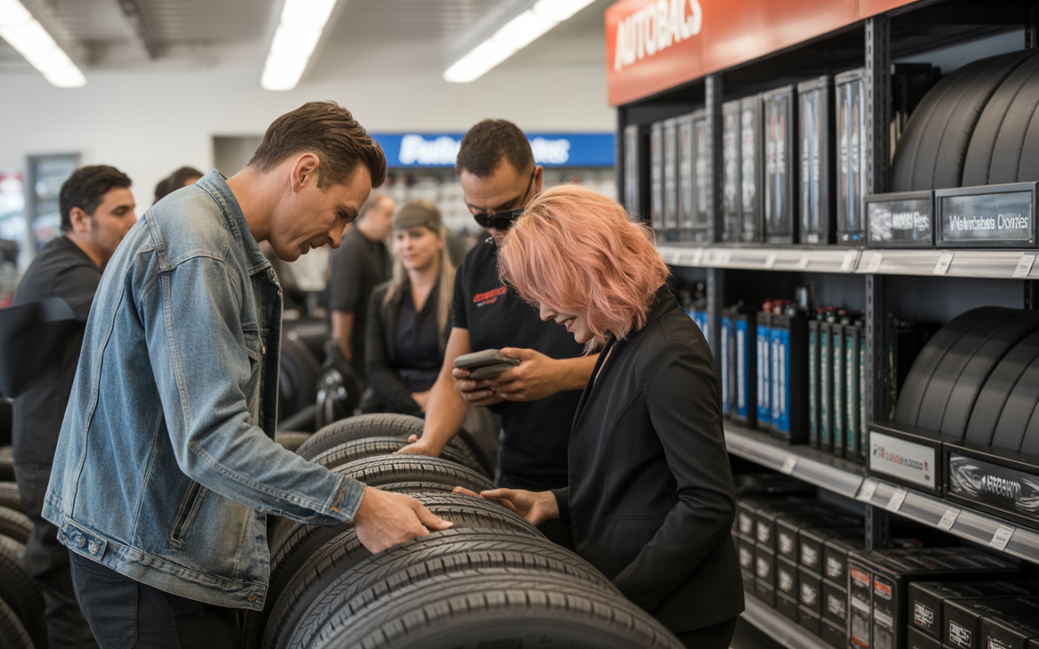 Un homme et une femme examinent des pneus dans un magasin, entourés d'autres clients et employés, discutant et consultant des appareils.
