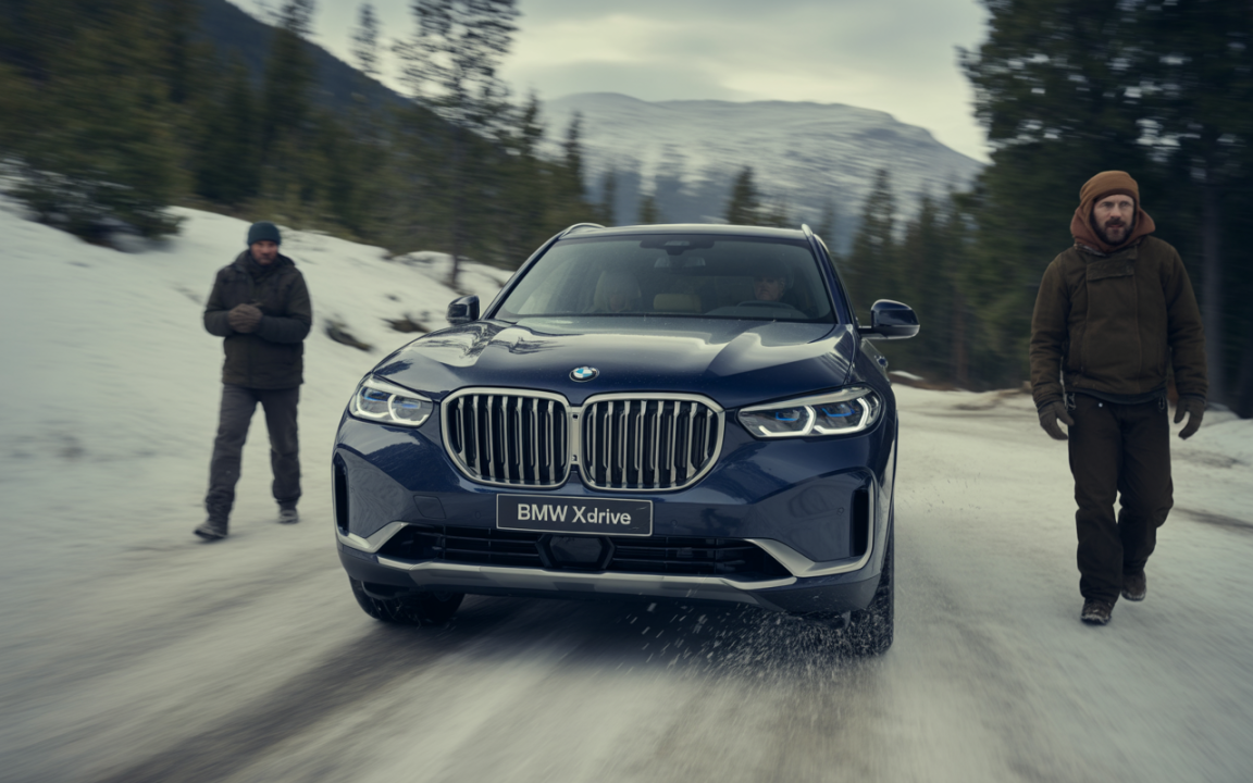 Un SUV BMW X5 circulant sur une route enneigée, avec deux hommes en vêtements d'hiver à proximité. Arrière-plan montagneux.