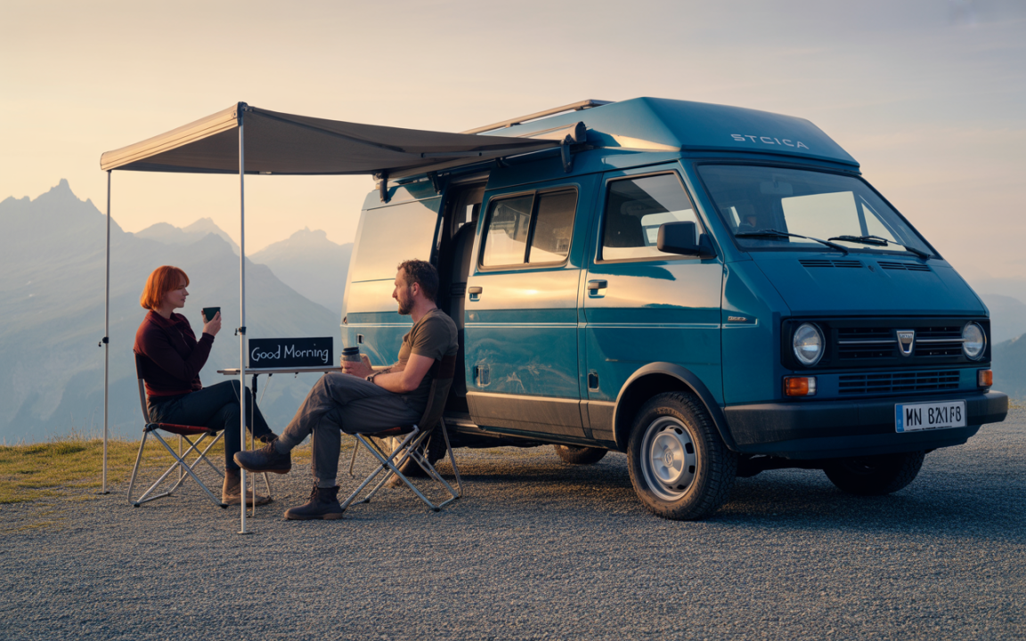 Un couple prend un café devant un van bleu sous un auvent, avec des montagnes en arrière-plan au lever du soleil.