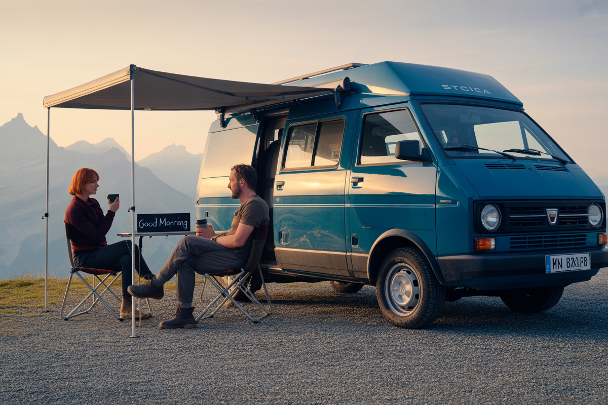 Un couple prend un café devant un van bleu sous un auvent, avec des montagnes en arrière-plan au lever du soleil.