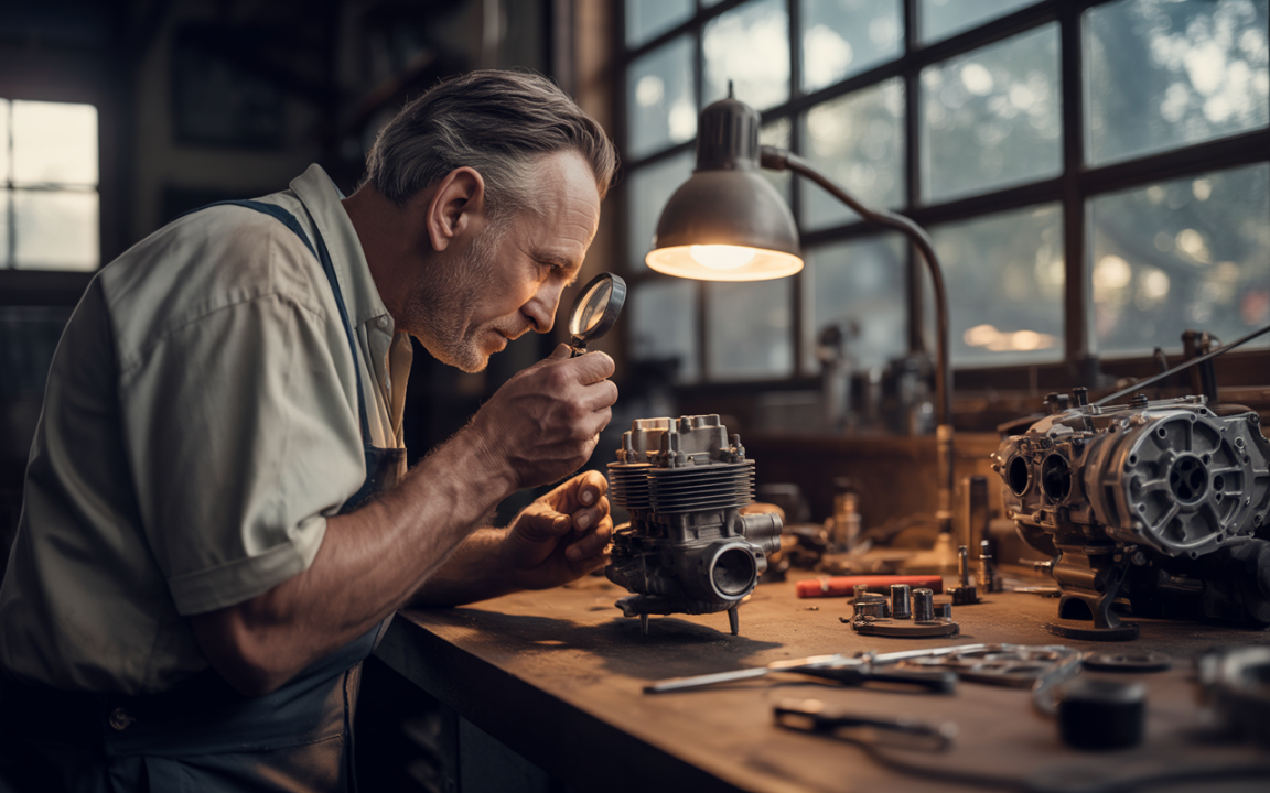 Un homme examine un moteur avec une loupe, entouré d'outils, dans un atelier lumineux. Atmosphère de travail minutieux et passionné.