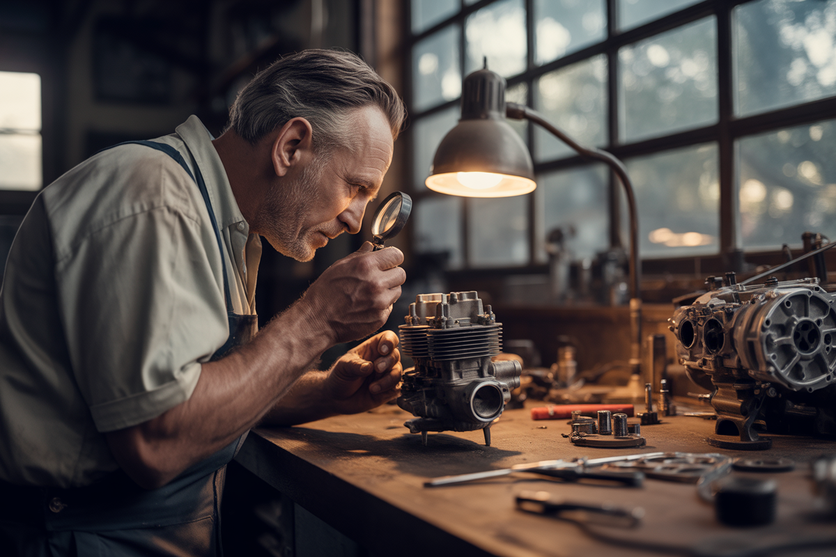 Un homme examine un moteur avec une loupe, entouré d'outils, dans un atelier lumineux. Atmosphère de travail minutieux et passionné.