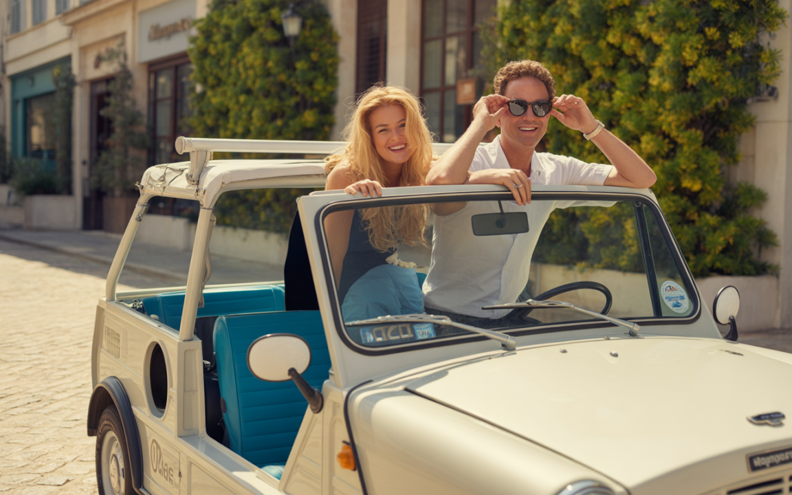 Un couple souriant est assis dans une voiture classique décapotable, sur une rue ensoleillée bordée de magasins et de verdure.