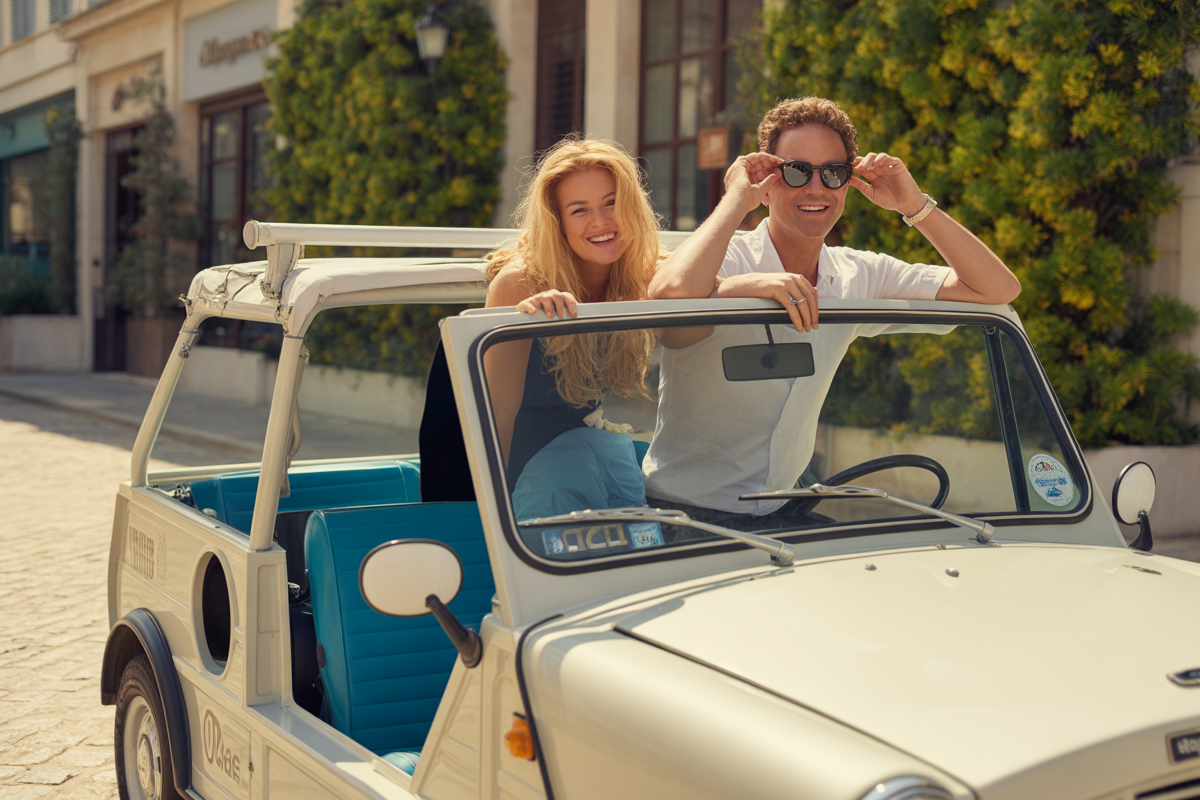 Un couple souriant est assis dans une voiture classique décapotable, sur une rue ensoleillée bordée de magasins et de verdure.