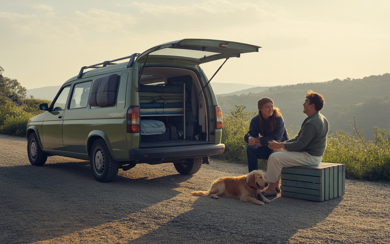 Deux personnes se détendent près d'une camionnette verte, un chien assis à leurs pieds, avec une nature verdoyante en arrière-plan.