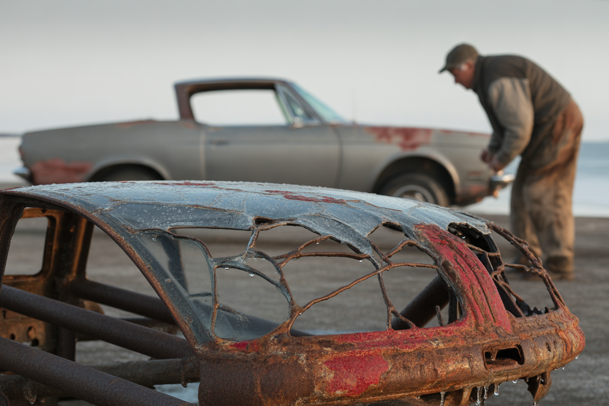 Un homme âgé répare une voiture ancienne sur une plage, avec une carcasse rouillée en premier plan.