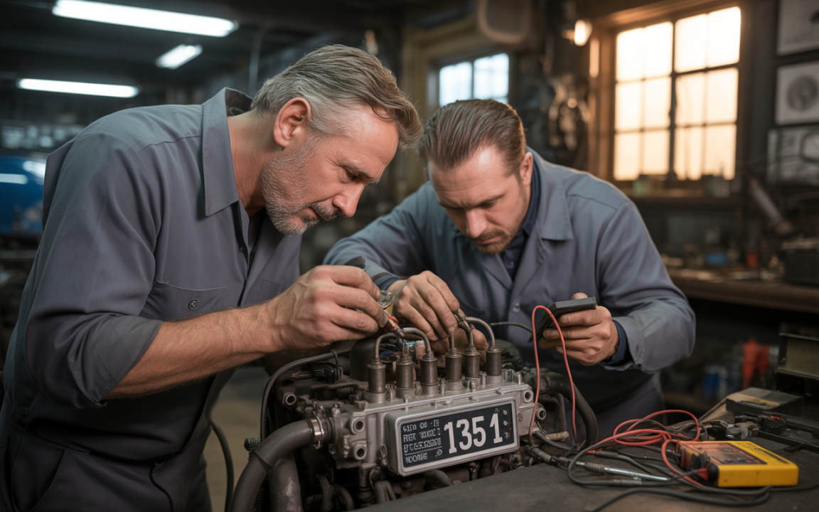 Deux mécaniciens examinent un moteur complexe dans un atelier, utilisant des outils pour des ajustements techniques. Lumière chaleureuse en arrière-plan.