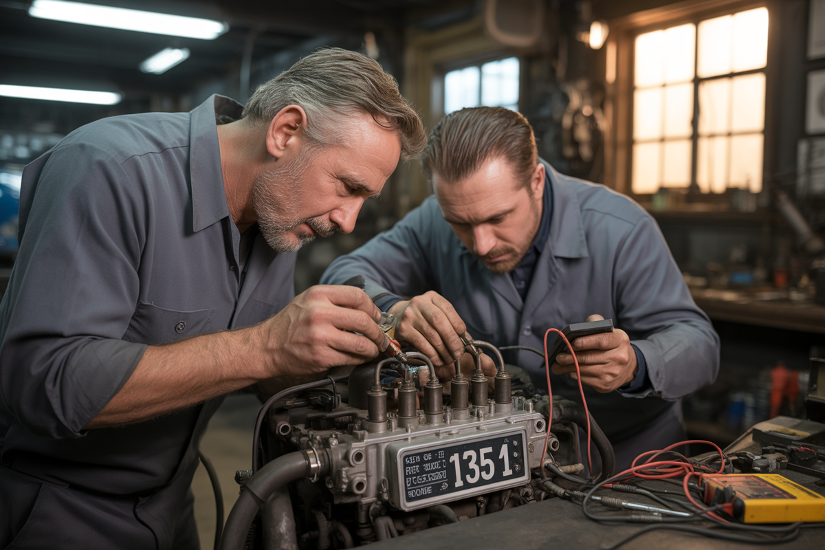 Deux mécaniciens examinent un moteur complexe dans un atelier, utilisant des outils pour des ajustements techniques. Lumière chaleureuse en arrière-plan.