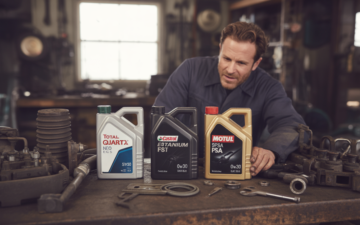 Homme en bleu examinant des huiles moteur sur un établi, avec des outils et pièces mécaniques en arrière-plan. Trois bouteilles d’huile différentes sont visibles.