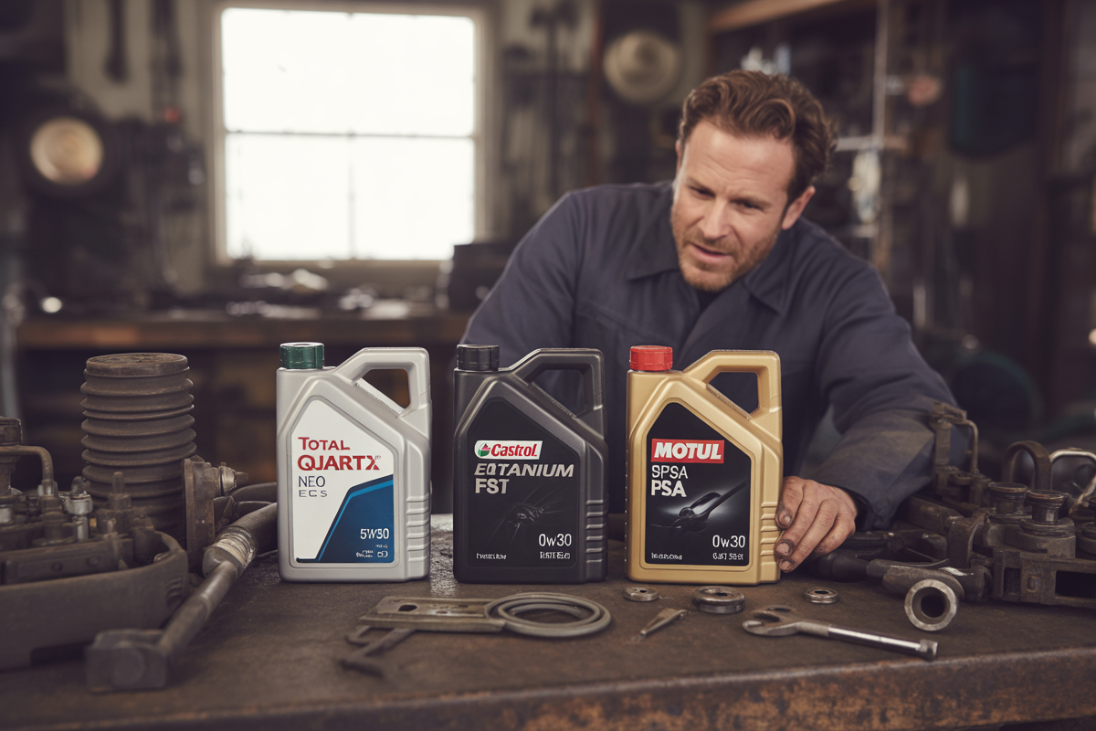 Homme en bleu examinant des huiles moteur sur un établi, avec des outils et pièces mécaniques en arrière-plan. Trois bouteilles d’huile différentes sont visibles.