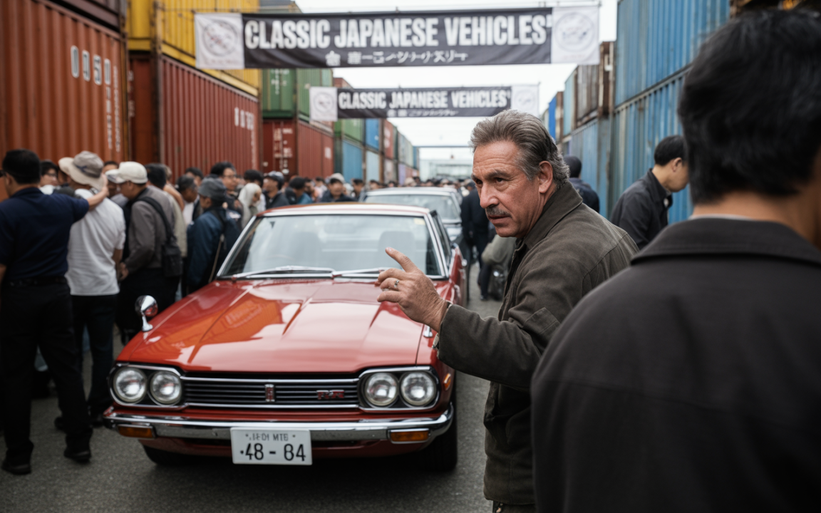 Un homme s'exprime devant une voiture rouge dans une foule, entouré de conteneurs, lors d'un événement sur les véhicules japonais classiques.