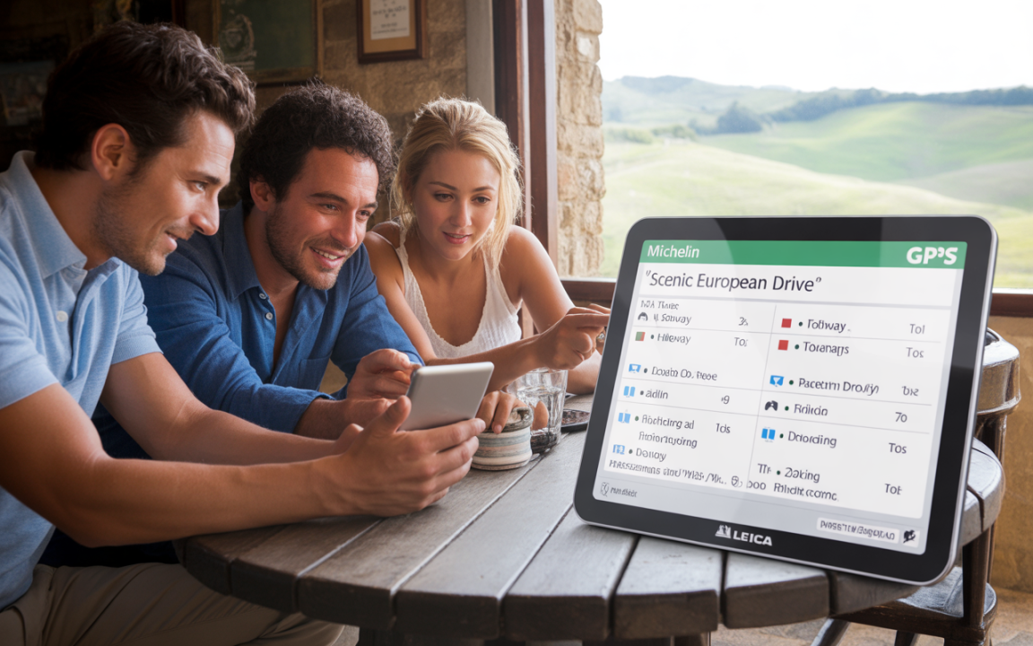 Trois personnes examinant un appareil numérique affichant un itinéraire de voyage, dans un café avec une vue sur la campagne.