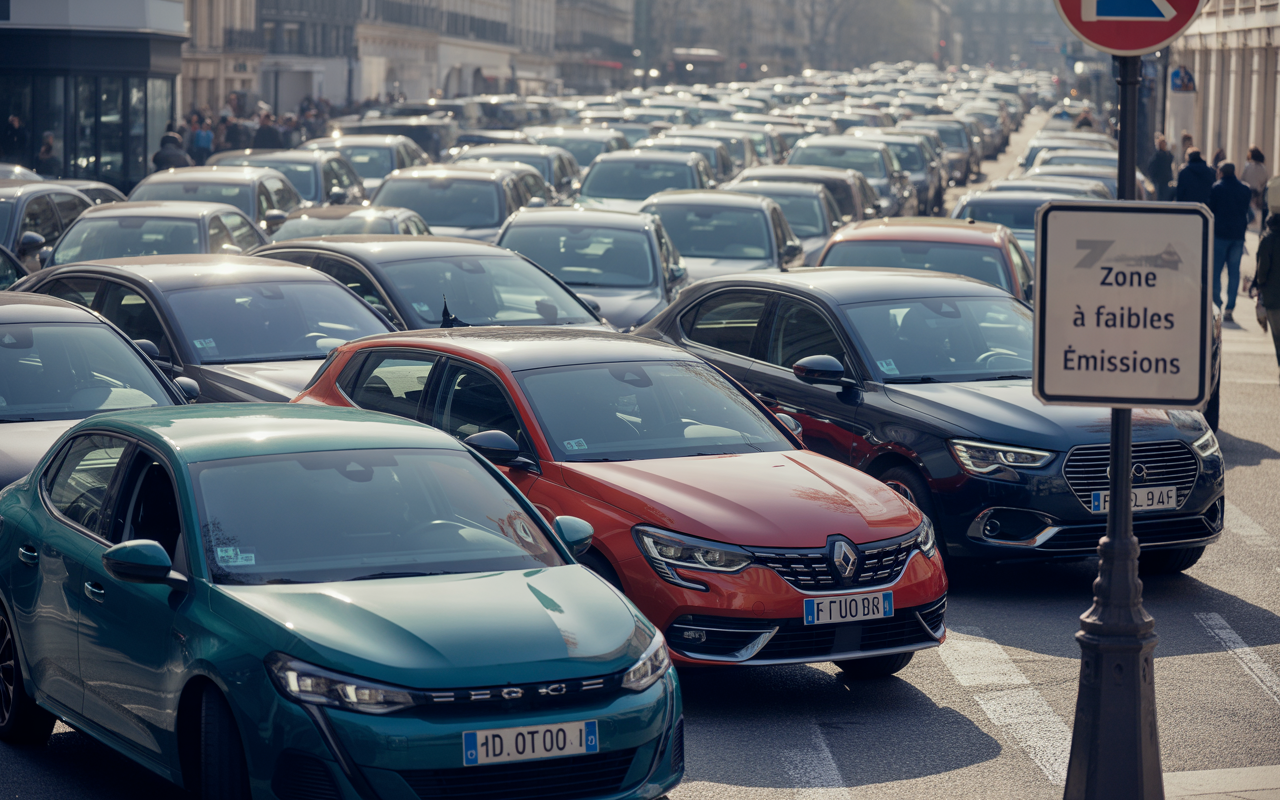 Circulation dense dans une rue urbaine, avec plusieurs véhicules garés et un panneau indiquant une zone à faibles émissions.