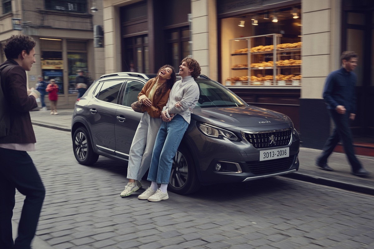 Deux jeunes femmes rient ensemble près d'une voiture grise Peugeot, tandis qu'un homme passe en arrière-plan dans une rue animée.