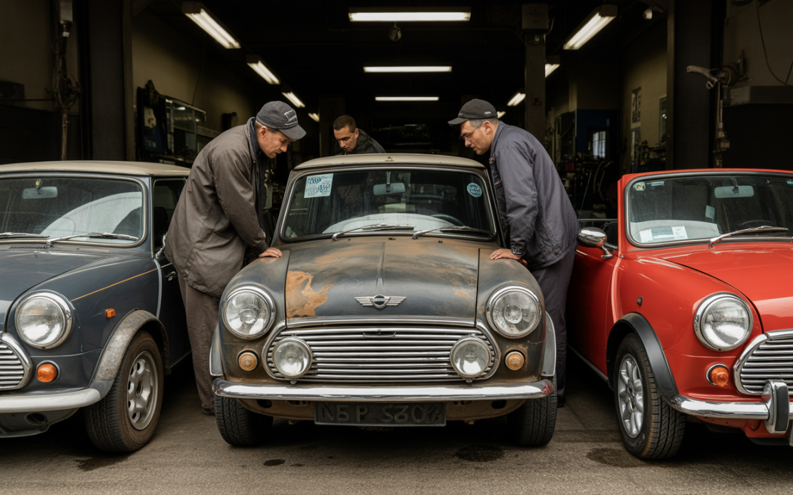 Trois hommes inspectent minutieusement une Mini classique rouillée, entourée de deux autres voitures Mini dans un garage.