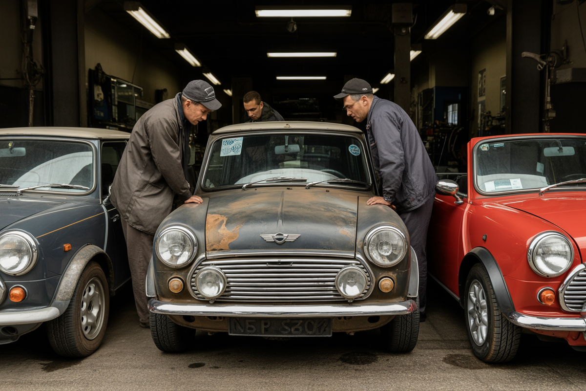 Trois hommes inspectent minutieusement une Mini classique rouillée, entourée de deux autres voitures Mini dans un garage.