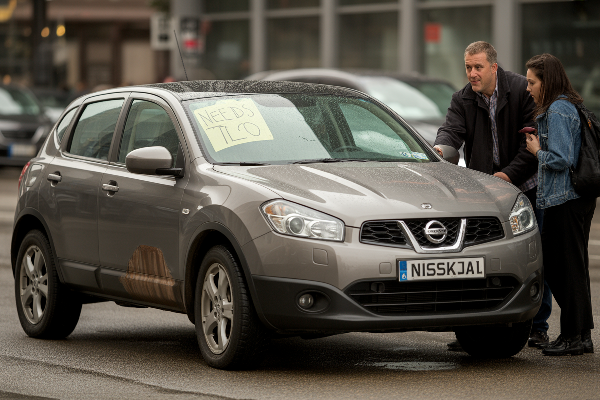 Deux personnes discutent près d'une voiture grise avec un panneau "NEEDS TLC" sur le pare-brise, sous une légère pluie.