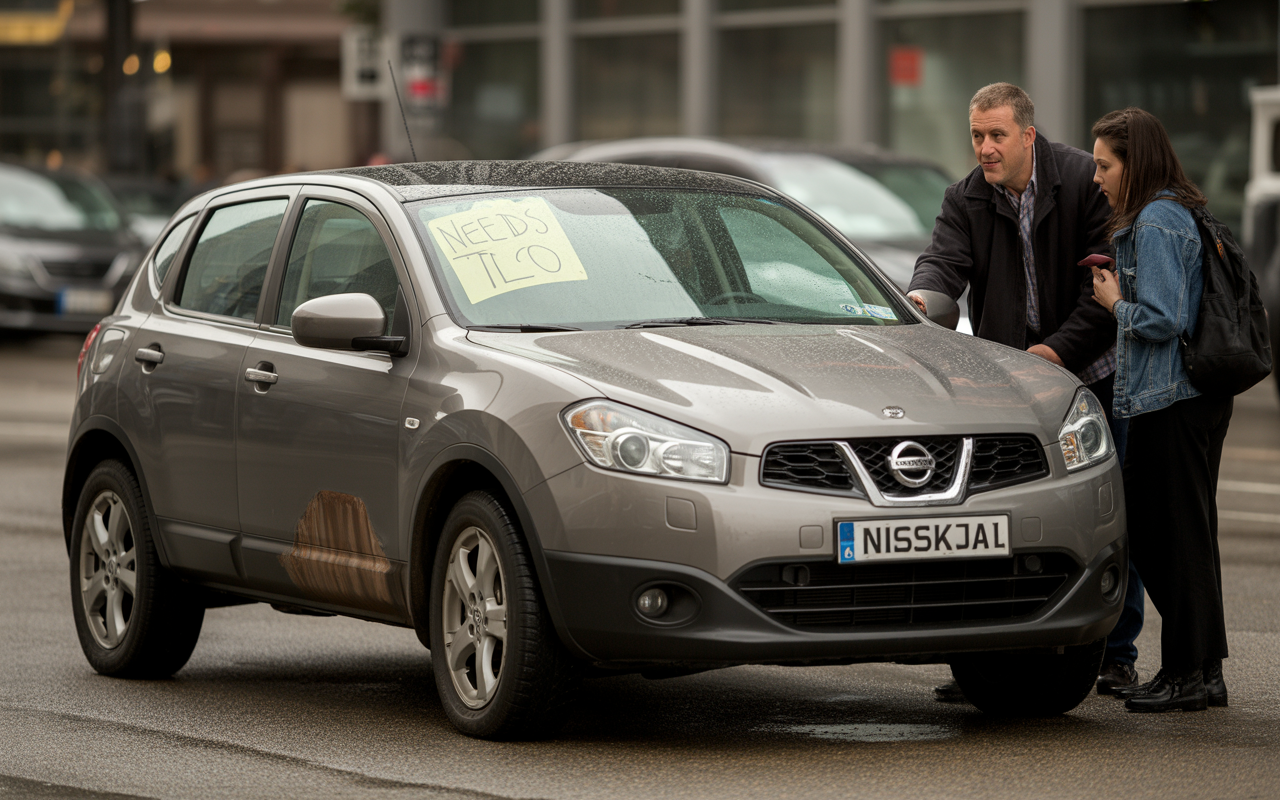 Deux personnes discutent près d'une voiture grise avec un panneau "NEEDS TLC" sur le pare-brise, sous une légère pluie.