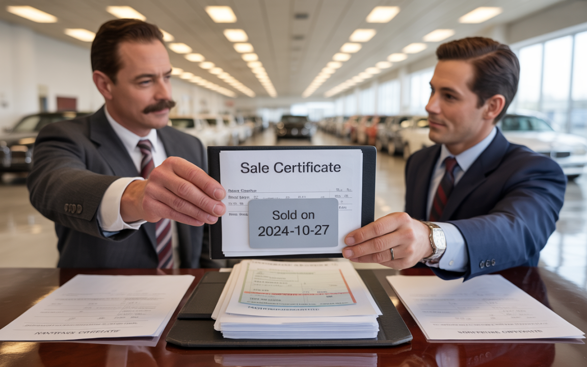 Deux hommes en costume dans une concession automobile montrent un certificat de vente, avec des documents et des voitures en arrière-plan.
