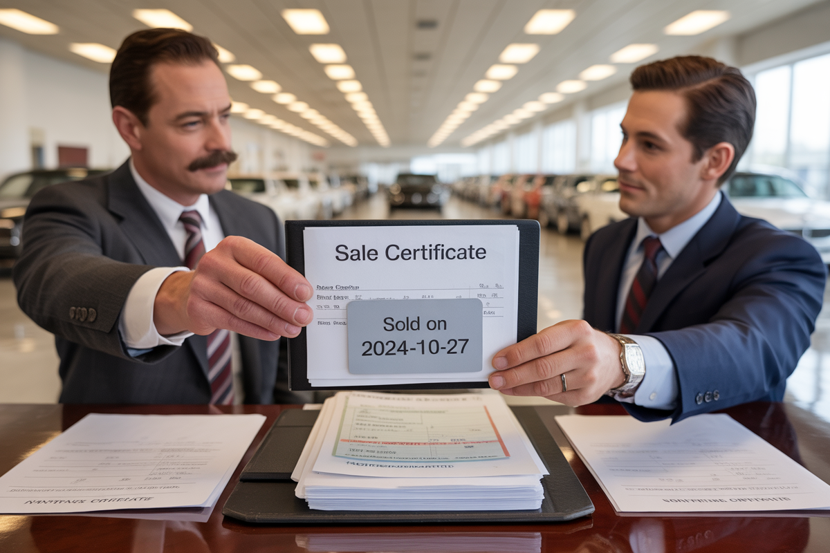Deux hommes en costume dans une concession automobile montrent un certificat de vente, avec des documents et des voitures en arrière-plan.