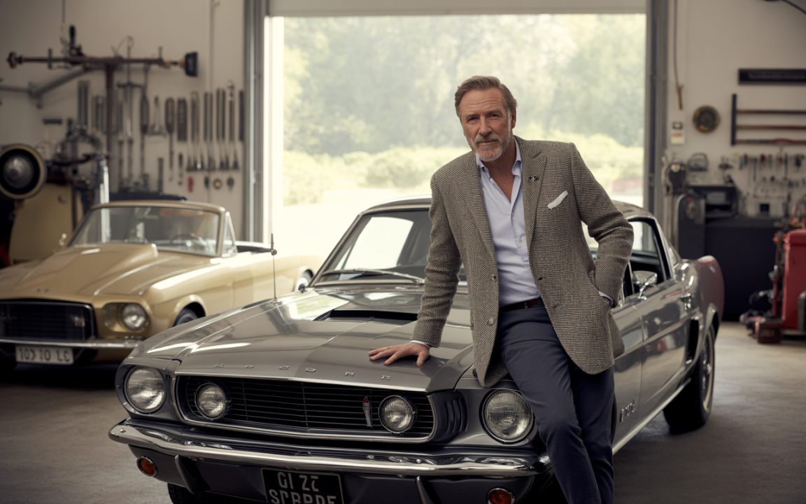 Homme élégant en blazer, posé sur une voiture vintage grise dans un garage. Deux voitures classiques sont visibles en arrière-plan.