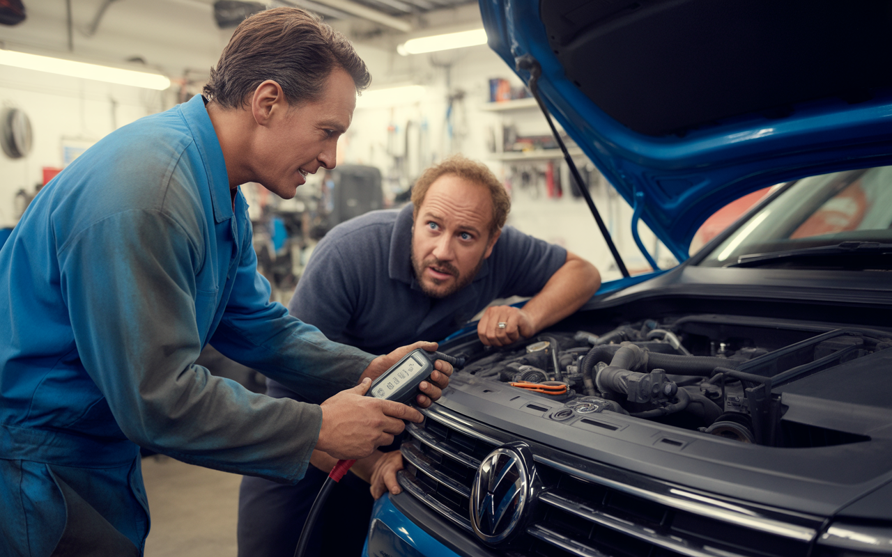 Deux mécaniciens inspectent le moteur d'une voiture bleue, l'un utilisant un outil pour diagnostiquer un problème sous le capot.