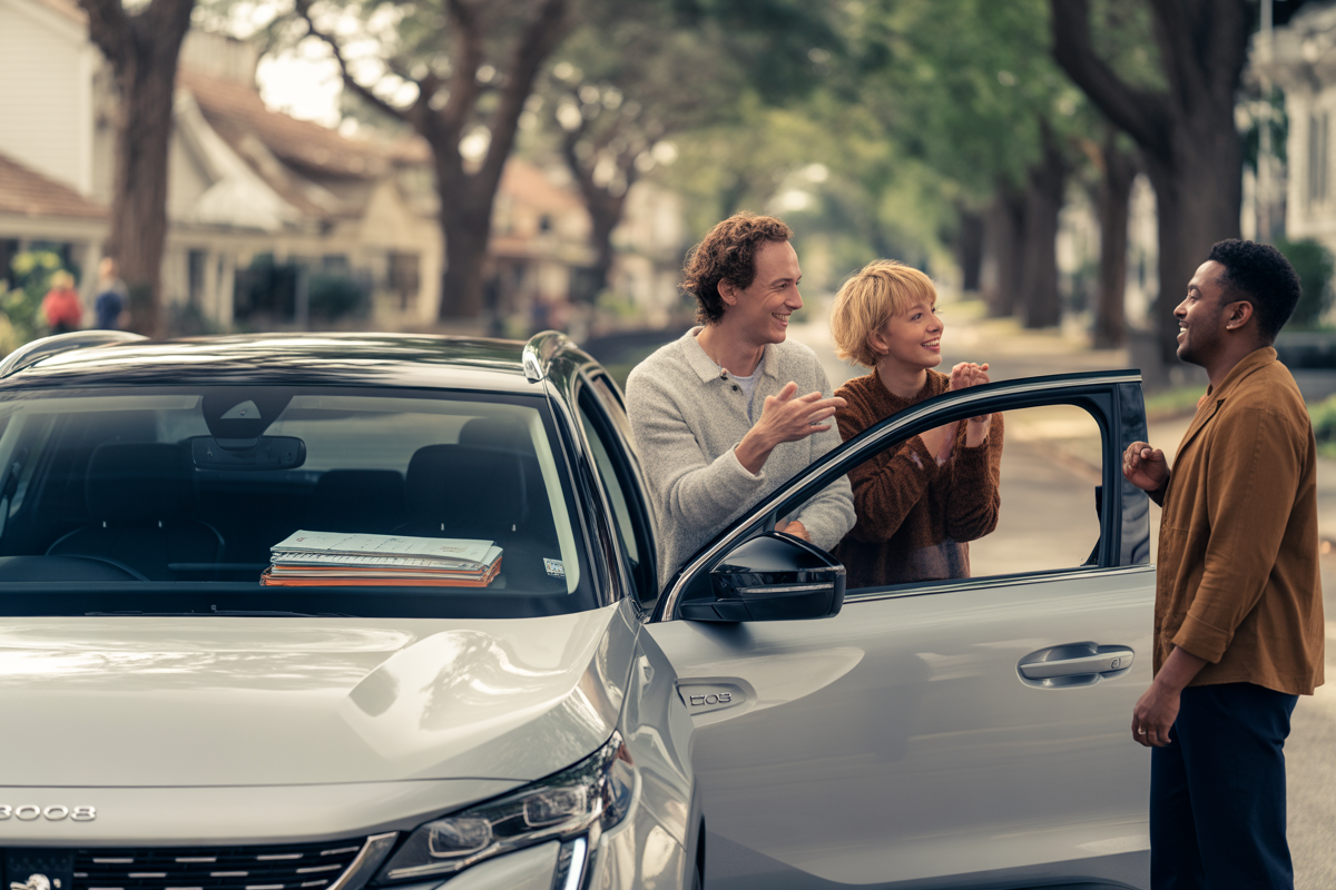 Un couple souriant discute avec un ami près d'une voiture blanche sur une rue bordée d'arbres. Atmosphère amicale et décontractée.