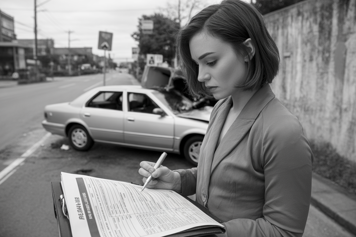Une femme en blazer prend des notes sur un dossier, devant une voiture accidentée sur une route urbaine.