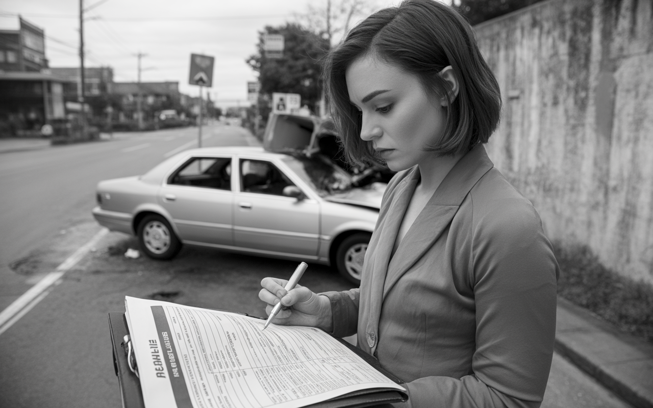 Une femme en blazer prend des notes sur un dossier, devant une voiture accidentée sur une route urbaine.