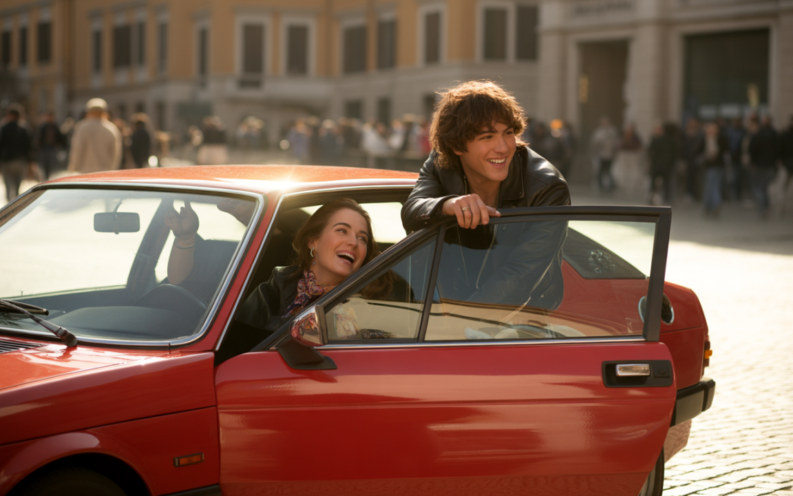 Deux jeunes adultes souriants sont assis dans une voiture rouge décapotable, en pleine rue ensoleillée, entourés de passants.