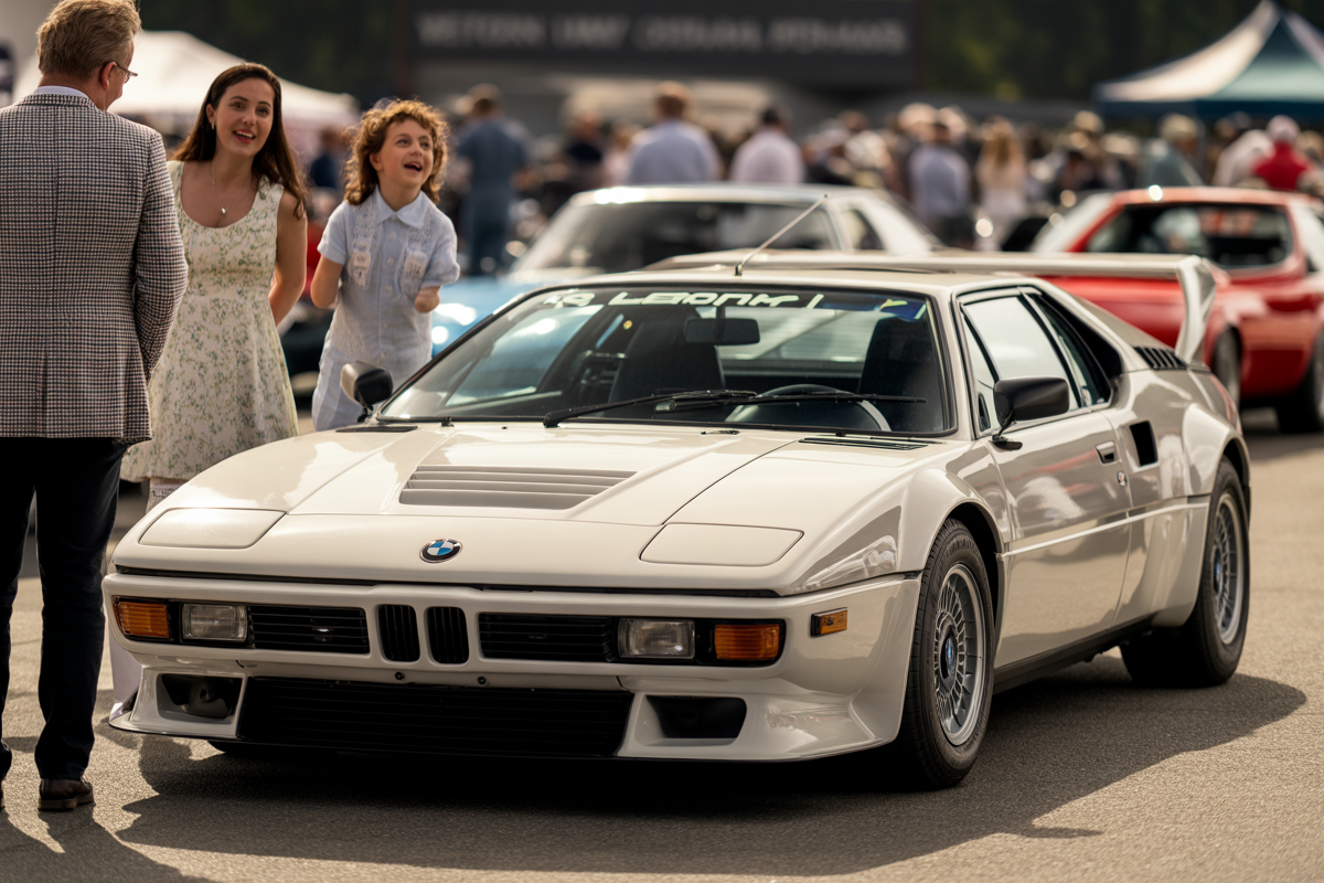 Une voiture BMW blanche est exposée lors d'un événement automobile, entourée de visiteurs admirant son design.