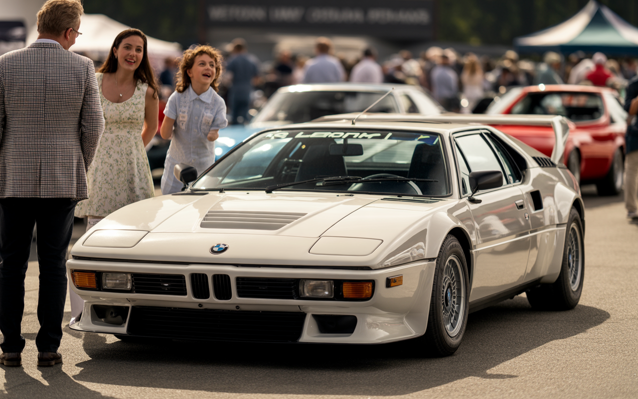 Une voiture BMW blanche est exposée lors d'un événement automobile, entourée de visiteurs admirant son design.