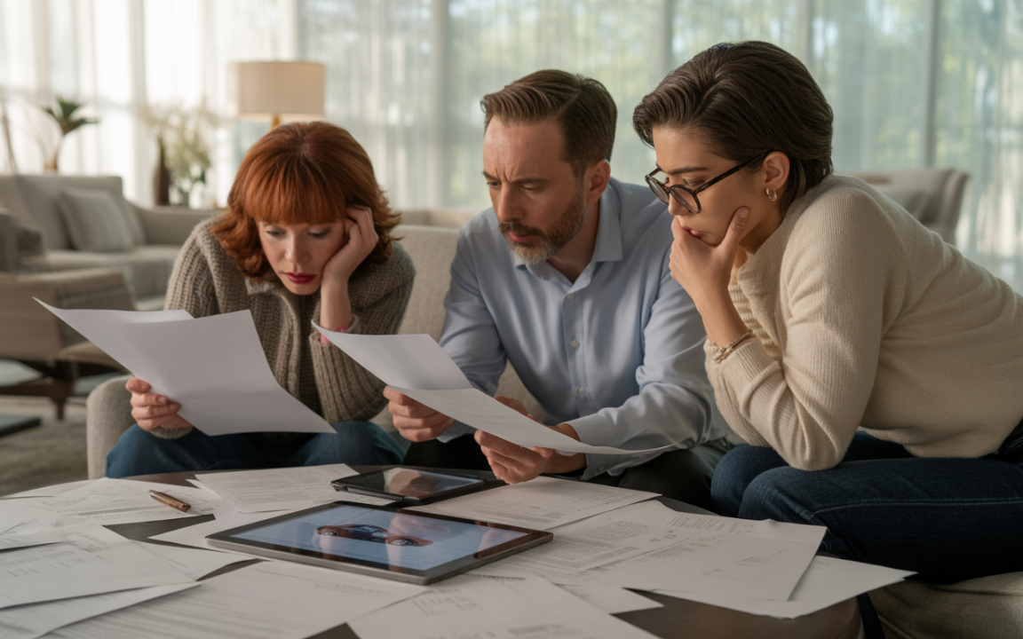 Trois personnes concentrées autour d'une table encombrée de papiers, examinant attentivement des documents et un écran. Ambiance studieuse.
