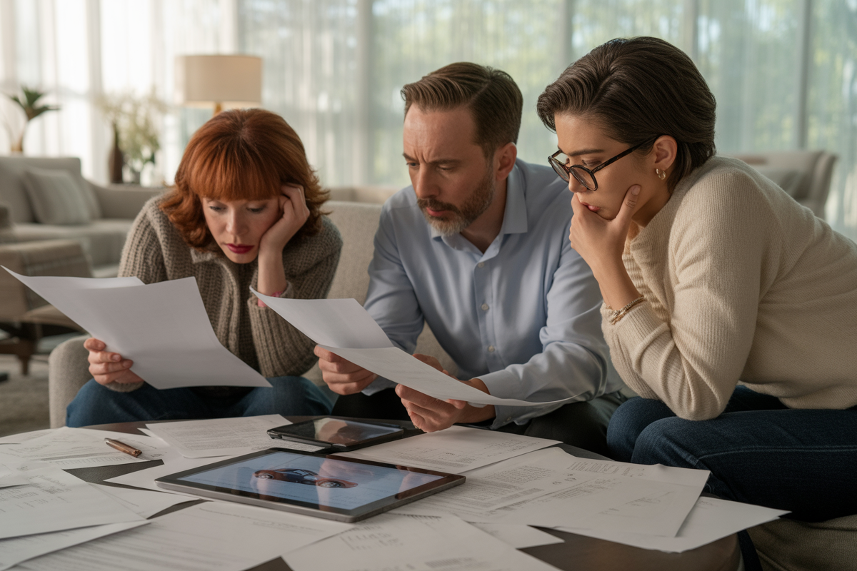 Trois personnes concentrées autour d'une table encombrée de papiers, examinant attentivement des documents et un écran. Ambiance studieuse.