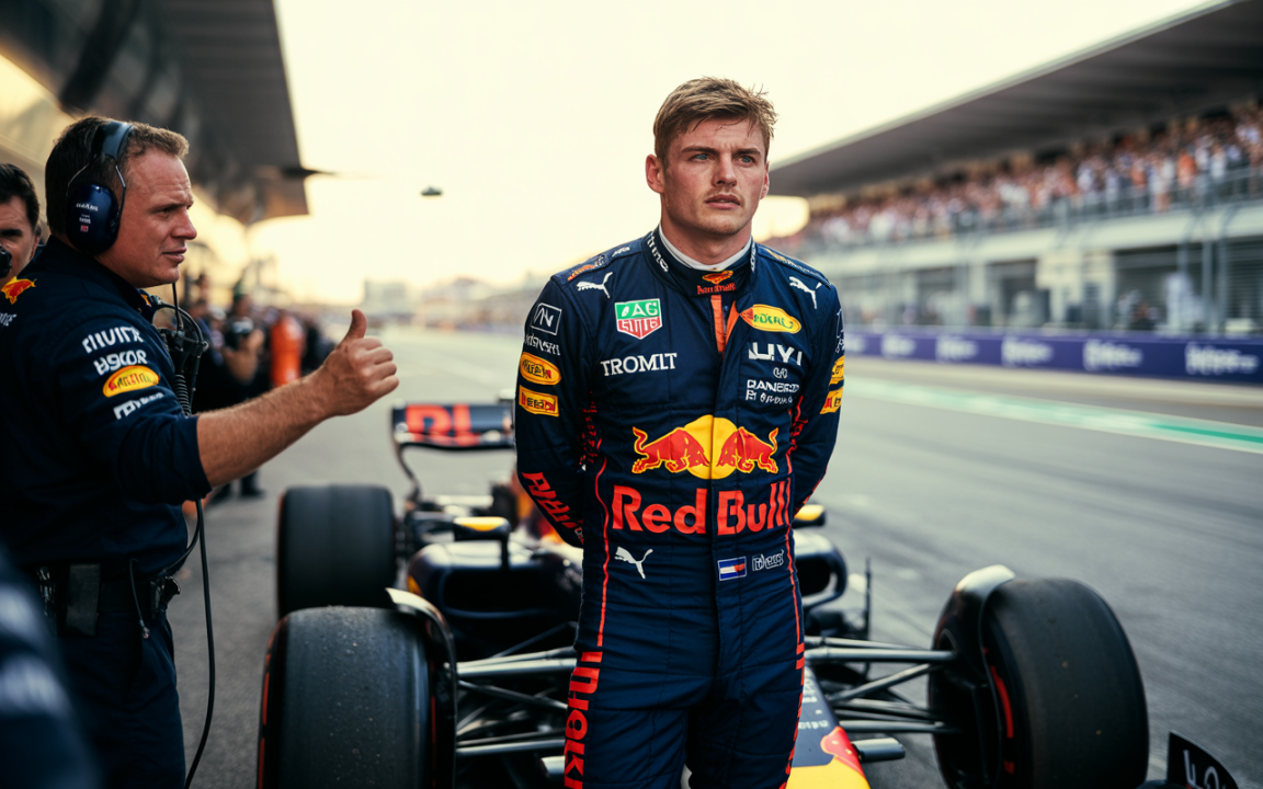 Pilote de Formule 1 en combinaison Red Bull, debout près de la voiture avec un membre de l'équipe en arrière-plan, paddock rempli de spectateurs.