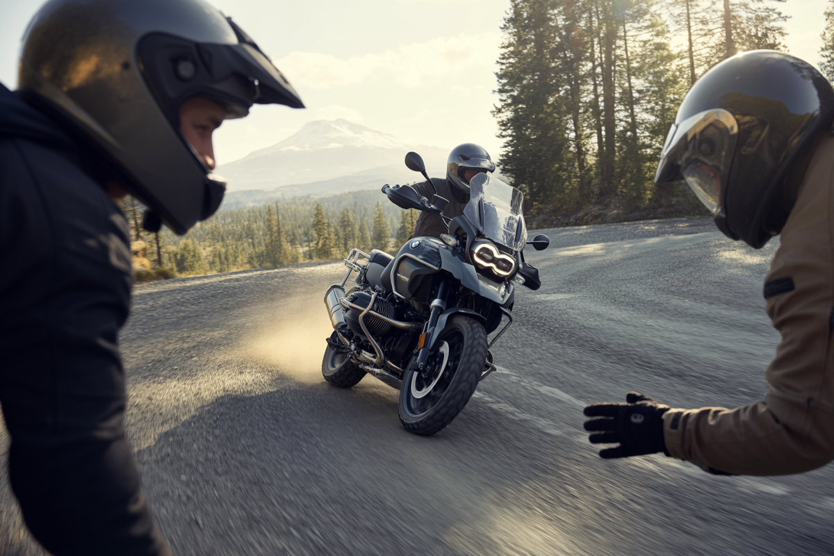 Deux motocyclistes sur une route sinueuse, un pilote en action sur une moto BMW, avec des arbres et des montagnes en arrière-plan.