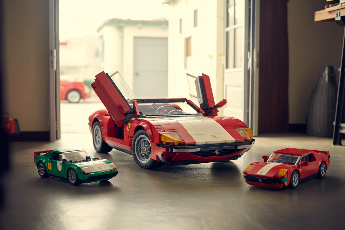 Trois voitures LEGO Ferrari, dont une rouge avec capot ouvert, sont posées sur un sol en béton dans un garage lumineux.