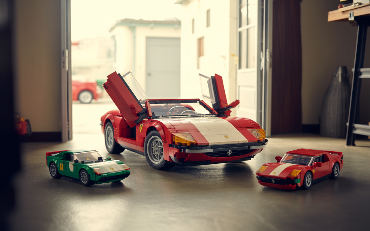 Trois voitures LEGO Ferrari, dont une rouge avec capot ouvert, sont posées sur un sol en béton dans un garage lumineux.