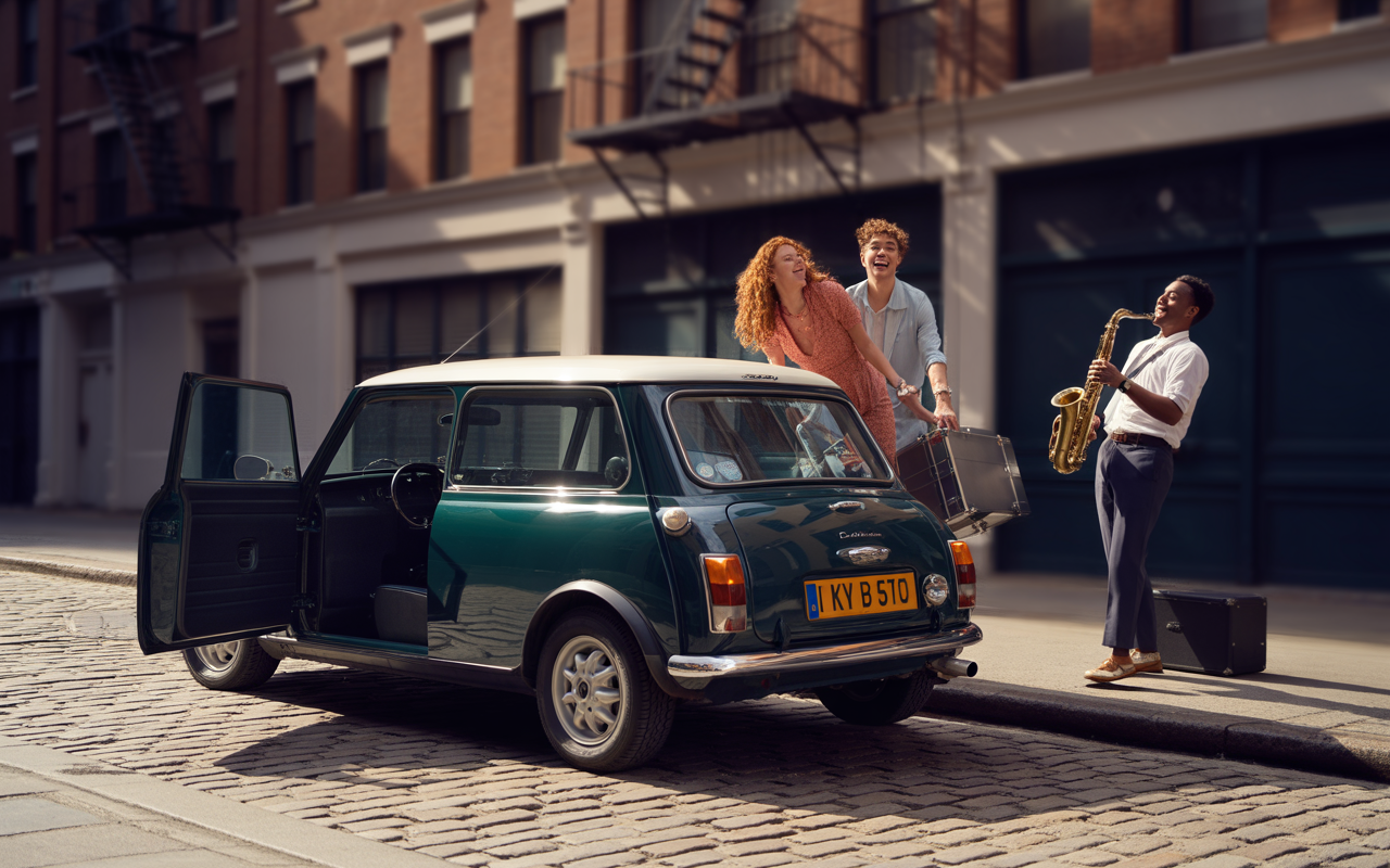 Un Mini Cooper vert stationné, avec deux personnes joyeuses portant des valises et un musicien jouant du saxophone dans une rue pittoresque.