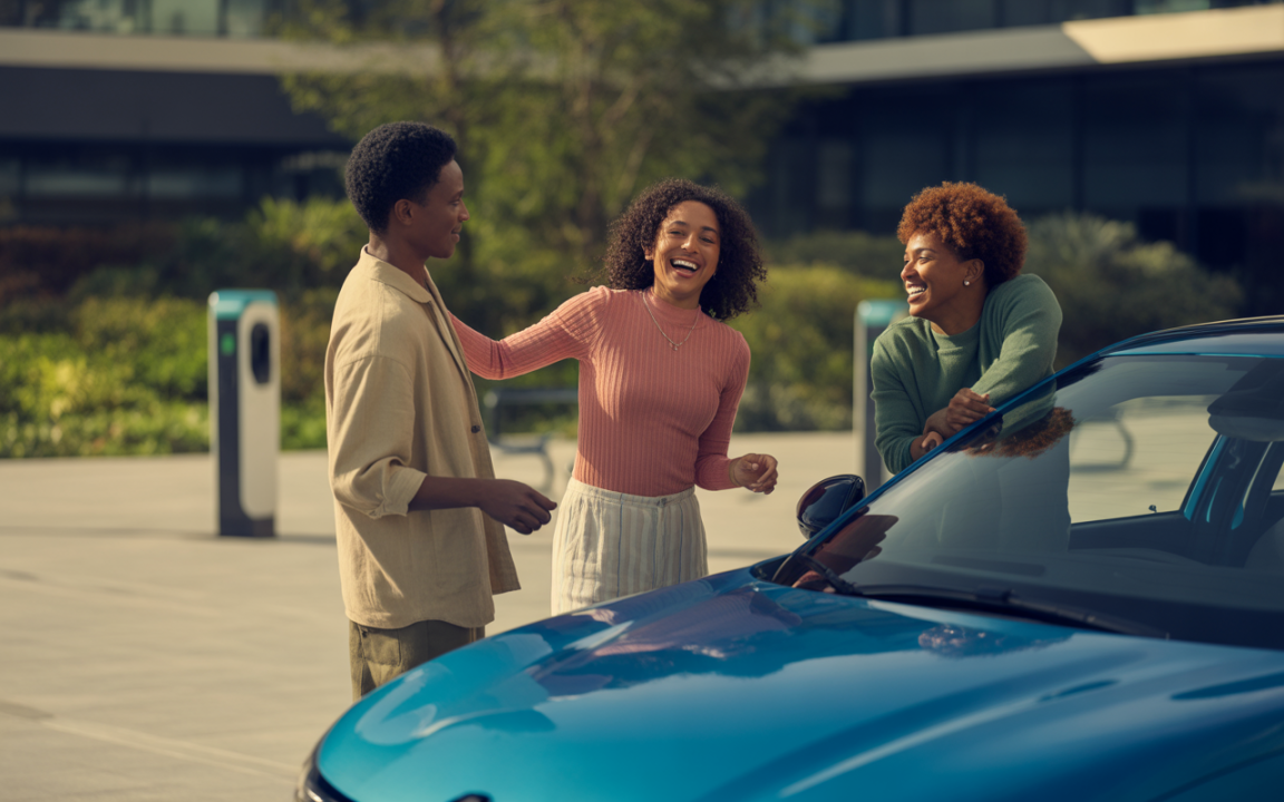 Trois jeunes adultes rient et discutent près d'une voiture bleue, avec une borne de recharge électrique en arrière-plan.