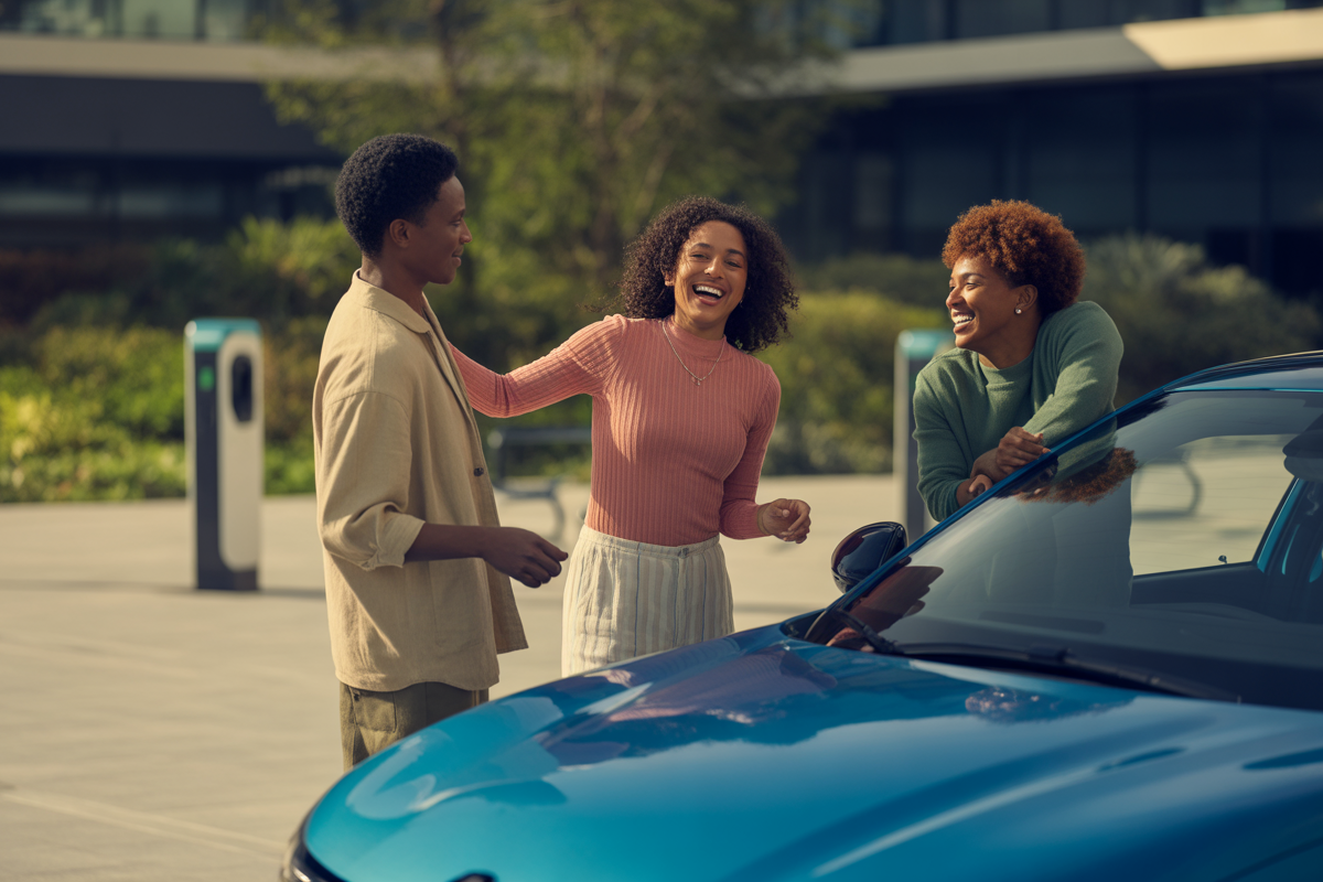 Trois jeunes adultes rient et discutent près d'une voiture bleue, avec une borne de recharge électrique en arrière-plan.