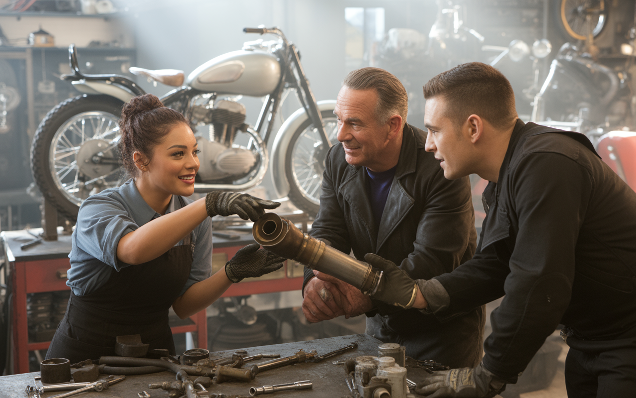 Trois mécaniciens discutent autour d'une pièce de moto dans un atelier, entourés d'outils et d'une moto vintage en arrière-plan.