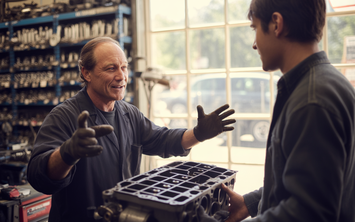 Deux hommes échangent dans un garage, l'un tenant un moteur. L'ambiance est amicale, avec des outils en arrière-plan.