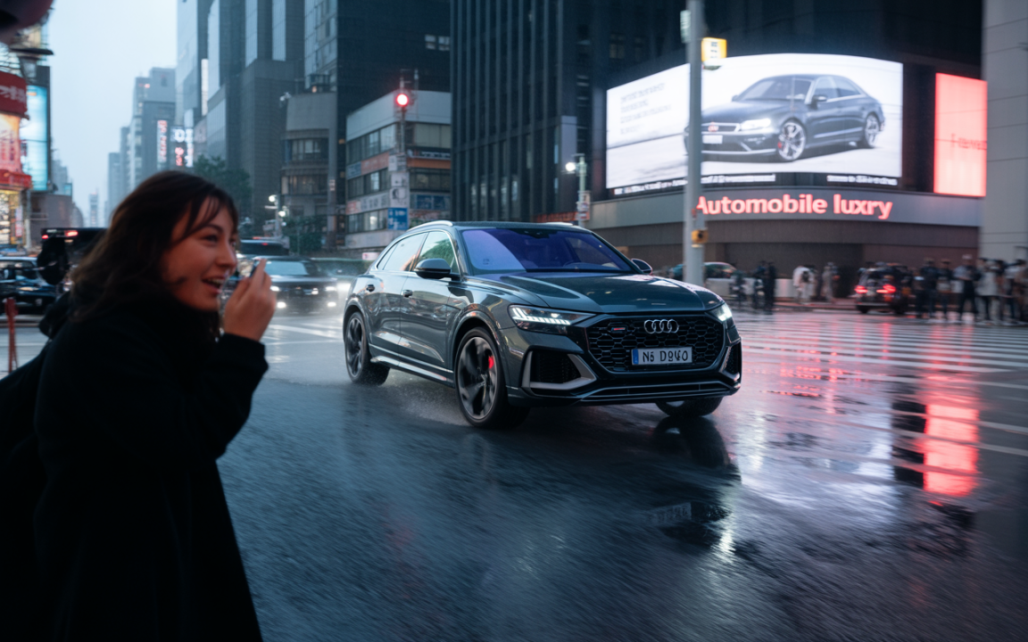 Une femme souriante marche sous la pluie, tandis qu'un SUV Audi Q8 passe sur une route mouillée, illuminée par des panneaux publicitaires.