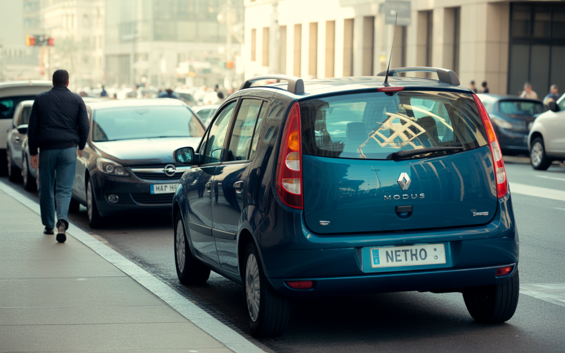Une voiture Renault Modus bleue garée en ville, un piéton passant à proximité, buildings en arrière-plan.