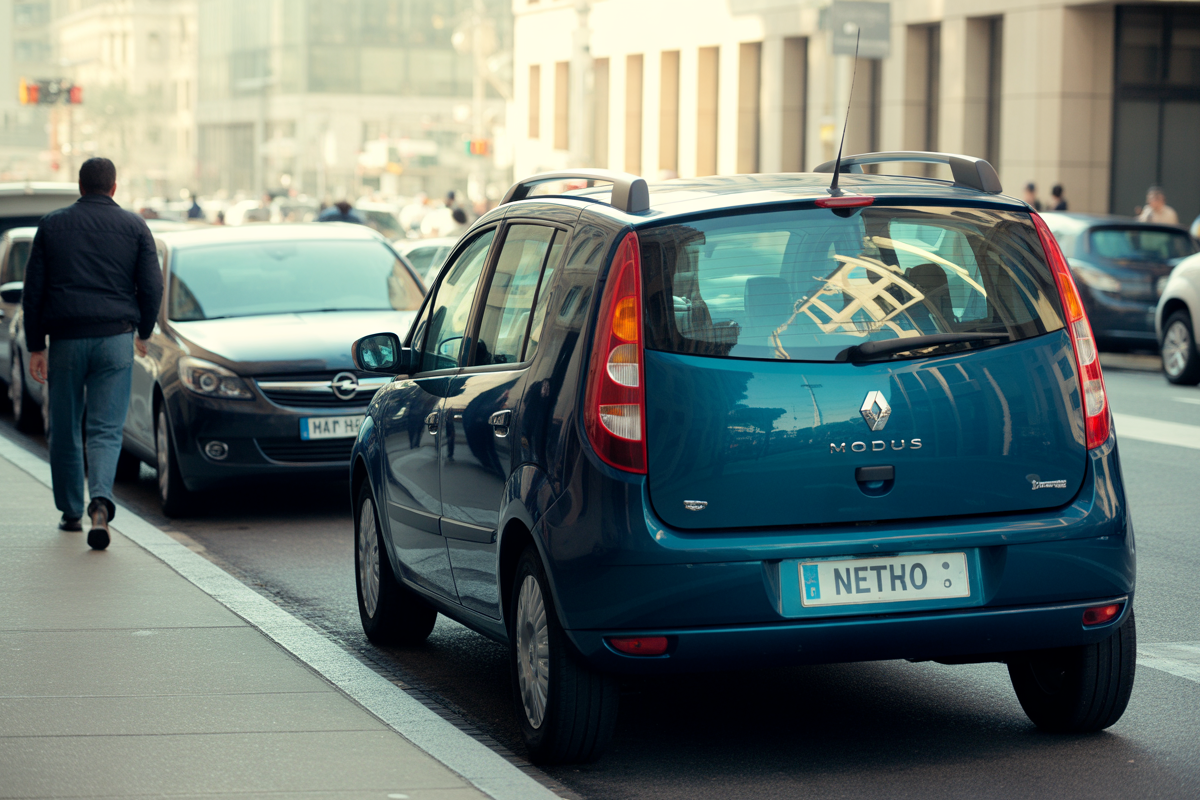 Une voiture Renault Modus bleue garée en ville, un piéton passant à proximité, buildings en arrière-plan.