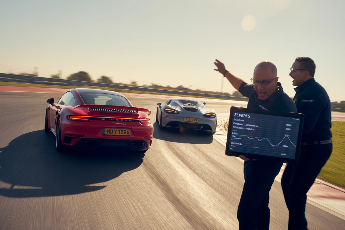 Deux voitures de sport (une Porsche rouge et une McLaren grise) roulent sur une piste, entourées de personnes enthousiasmées.