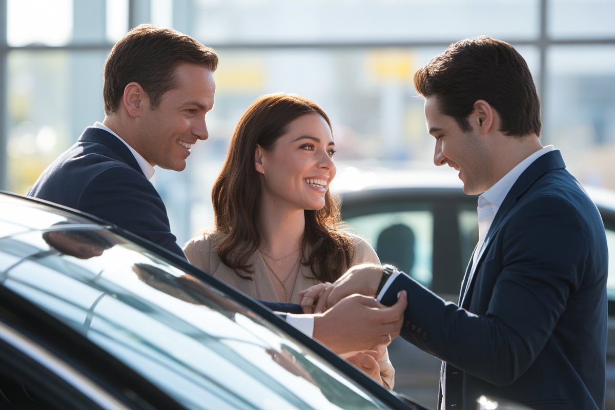 Un homme et une femme sourient en discutant avec un autre homme devant des voitures dans un showroom lumineux.