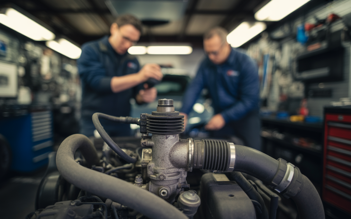 Deux mécaniciens travaillent sur un moteur dans un garage, avec divers outils en arrière-plan. Focus sur les détails du moteur.