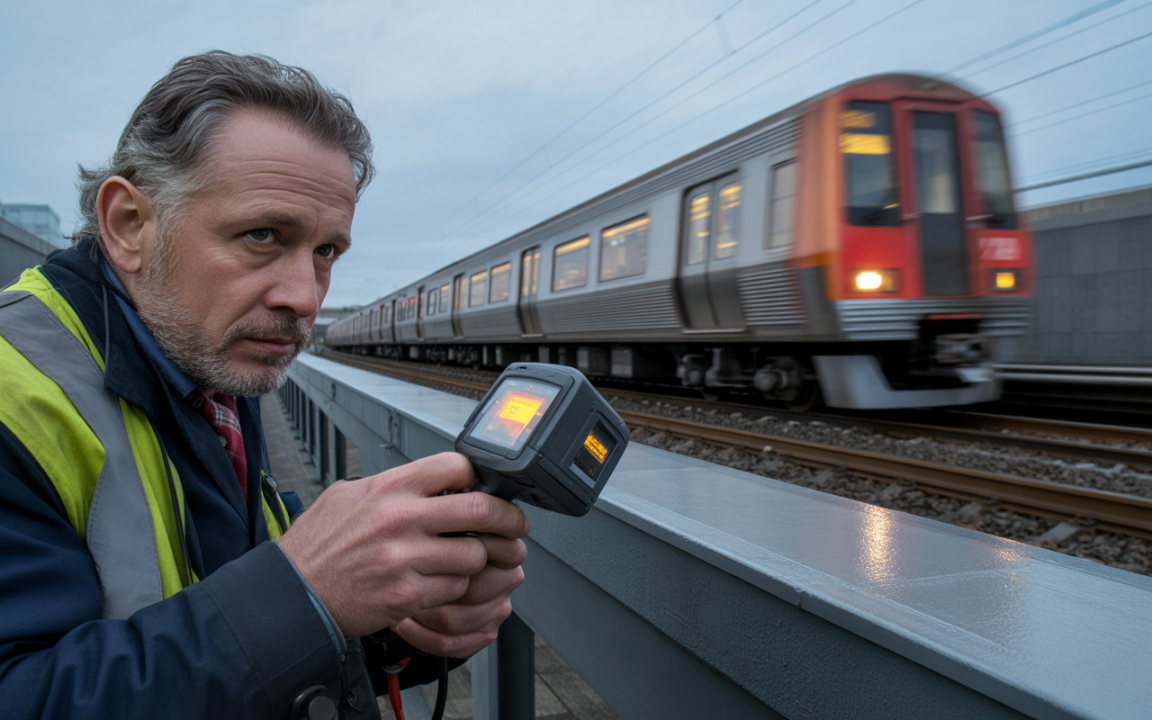 Un homme en gilet de sécurité utilise un radar près de la voie, tandis qu'un train passe rapidement à côté.